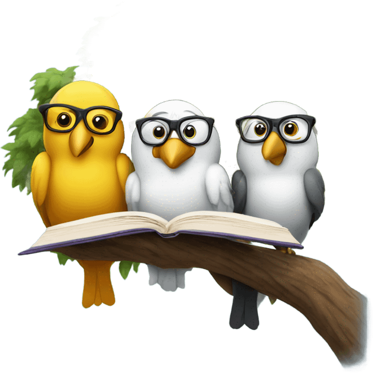 three birds in a tree but one of them wearing glasses and hanging a book emoji