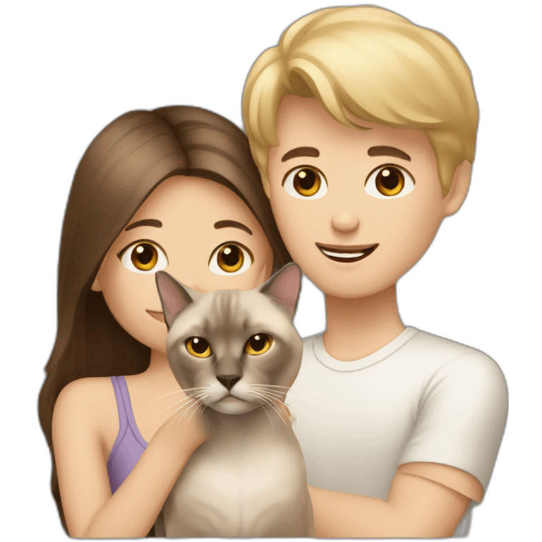 Brown haired girl with blond boy and Siamese cat emoji