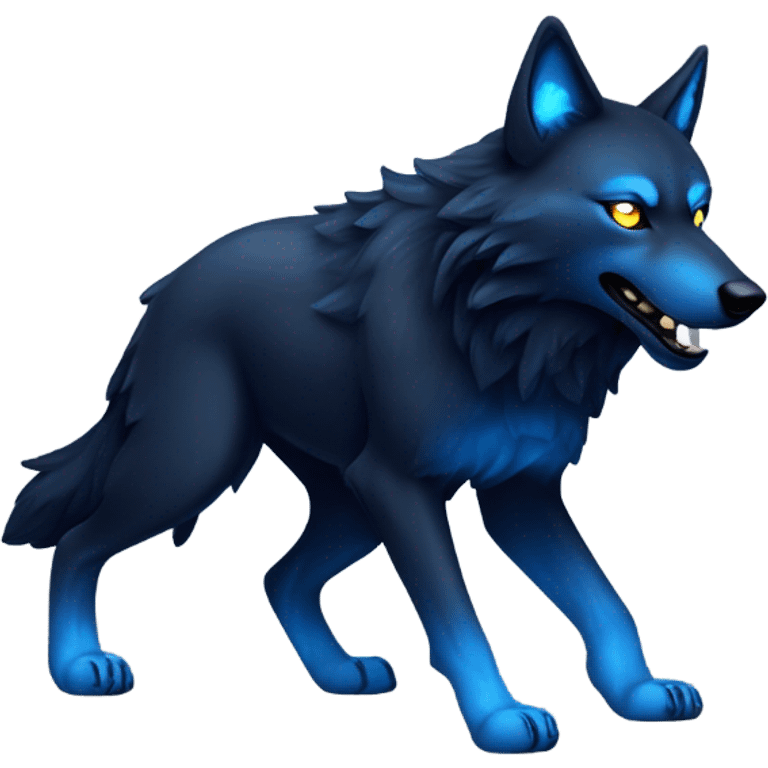 A black wolf with glowing eyes and blue flames emoji