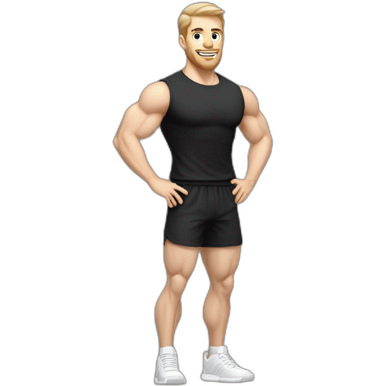 amazed Pale skinned Fit Man With the biceps and dark brown hair in black shirt, gray sports shorts and white Sneakers emoji