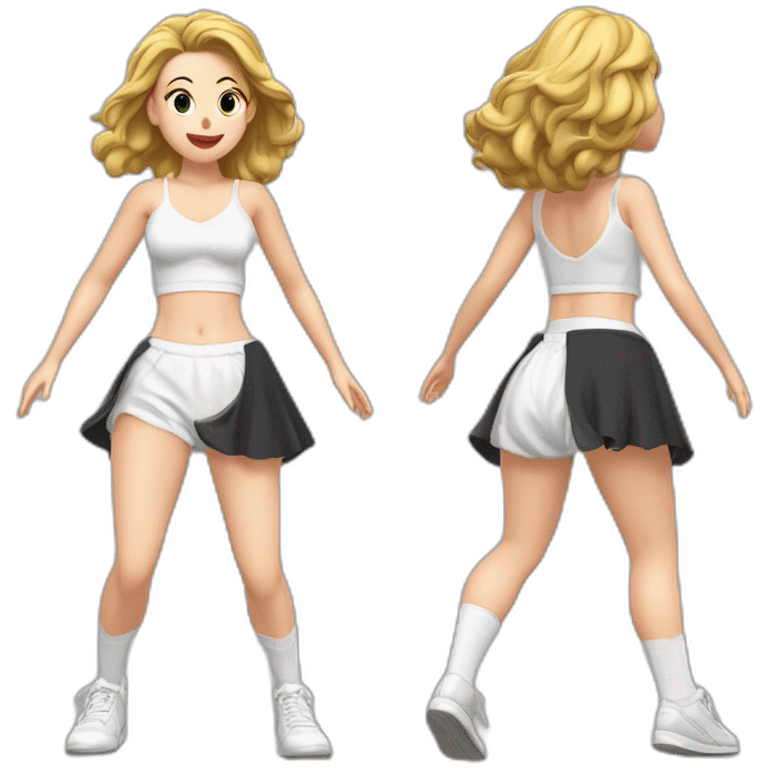 alistic-full-body-caucasian-curvy-фигуристка-jumping-short-black-skirt-back-and-front-views-strong-wind-white knickers-long-white-socks emoji