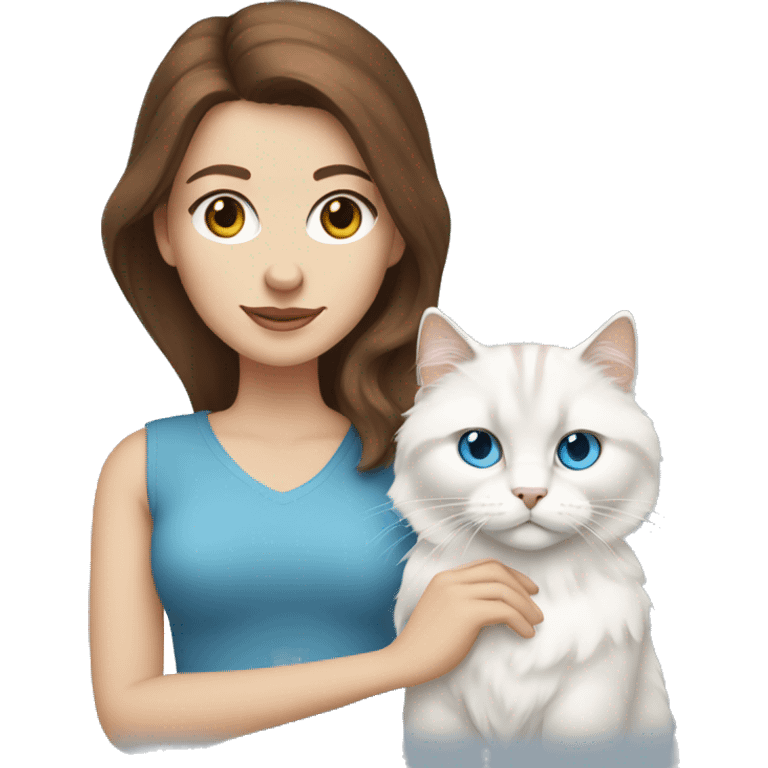 woman with brown hair and holding a all white Siberian cat with blue eyes emoji