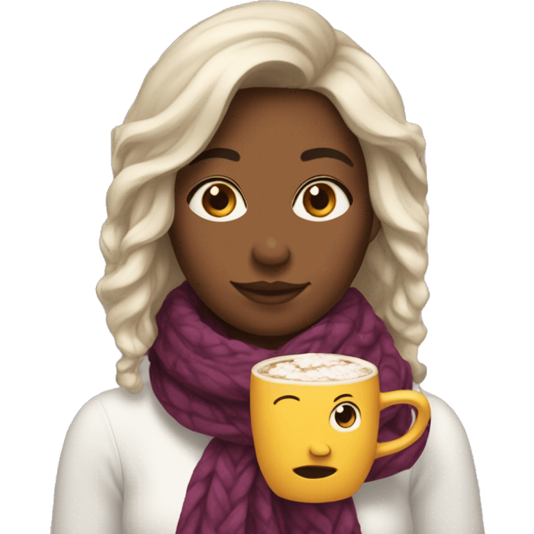 A Girl with a blowout hair and a scarf and a hot chocolate  emoji