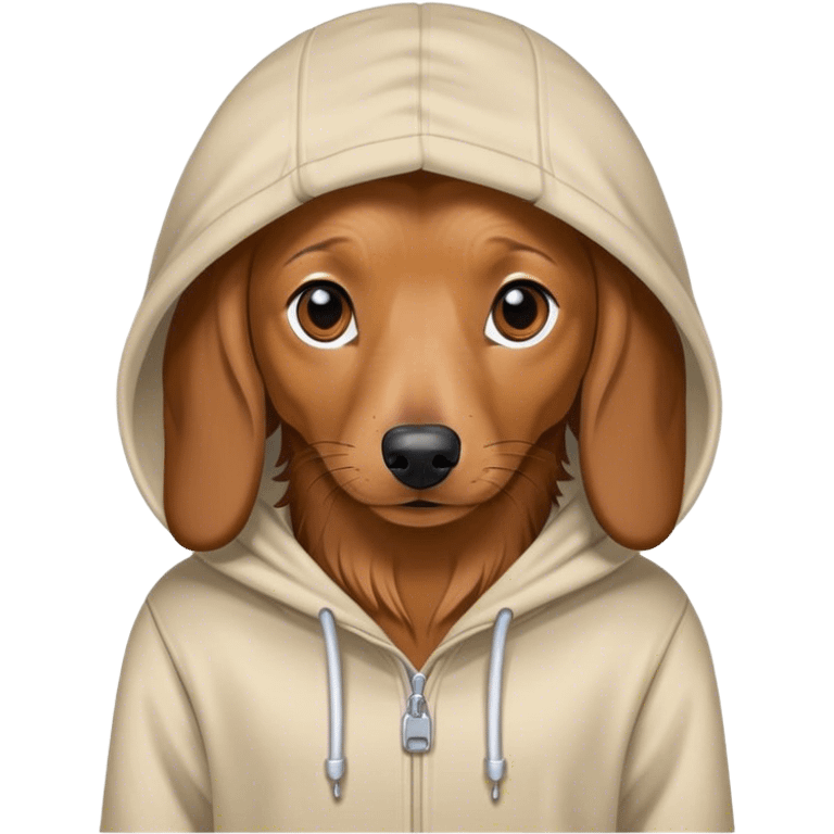 Long haired dachshund wearing a hoodie emoji