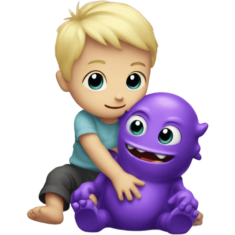 Little blonde baby boy playing with a purple monster friend emoji