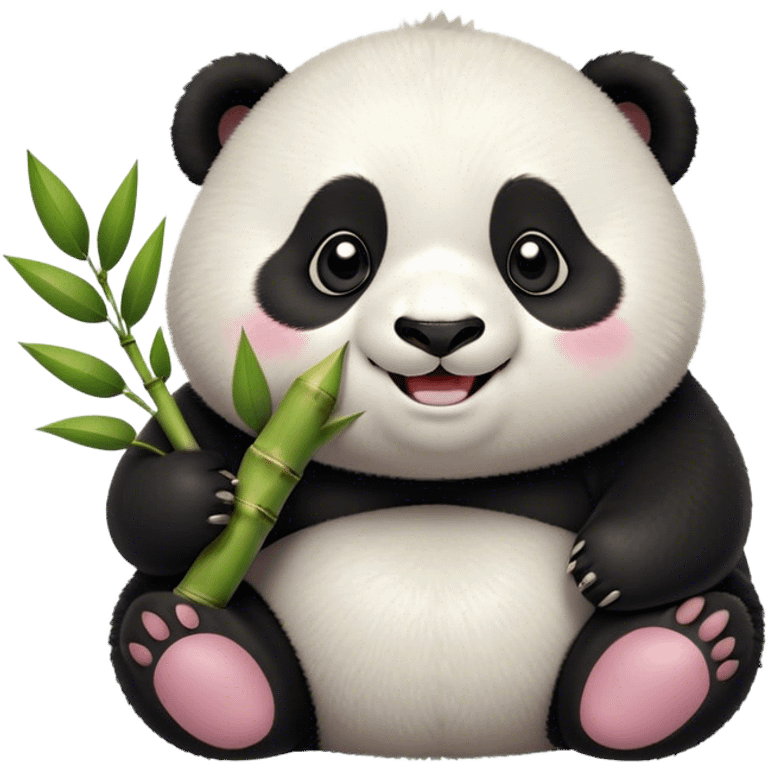 Cinematic smiling chubby panda, fluffy black and white fur, round rosy cheeks, tiny paws holding a bamboo shoot, sparkling eyes full of joy, soft glowing background, irresistibly huggable. emoji