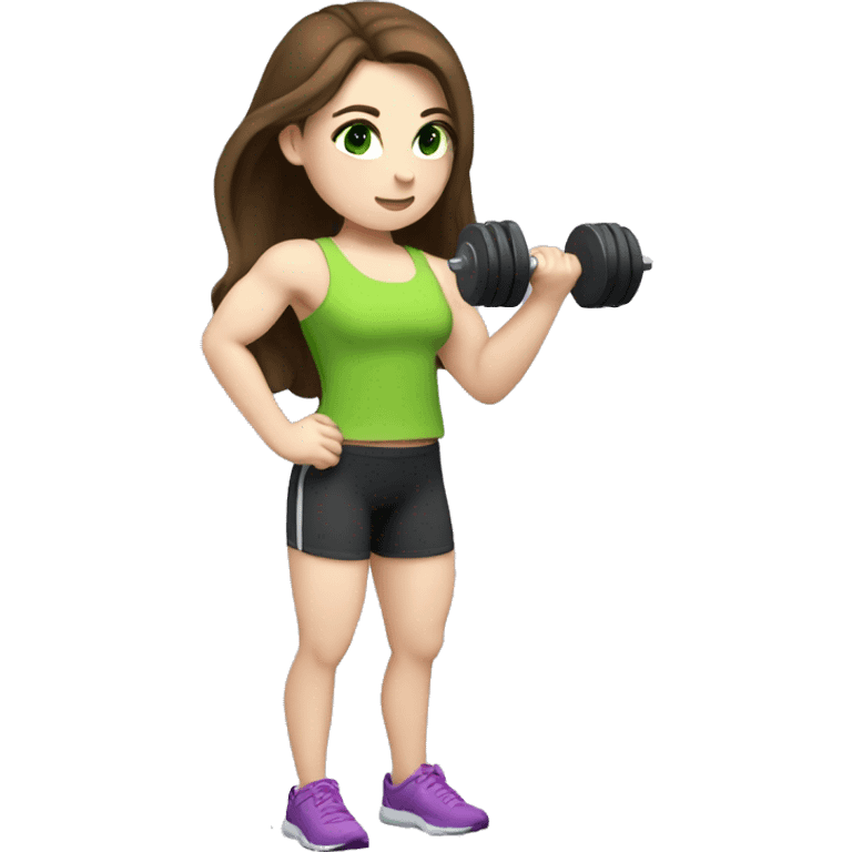 fitness girl with Brown Hair, Green Eyes, Pale Skin doing biceps curls with a Dumbell emoji