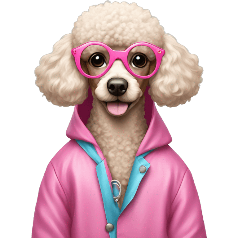 Poodle wearing a pink raincoat and heart shaped glasses emoji