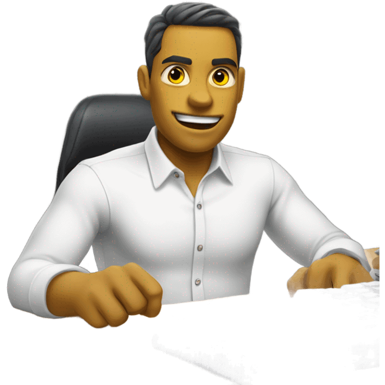 yellow skin man using white keyboard on desk wearing white button down shirt front view emoji