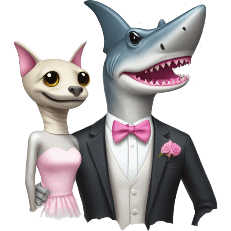 hammerhead shark in a suit with a pink cat in a wedding dress emoji