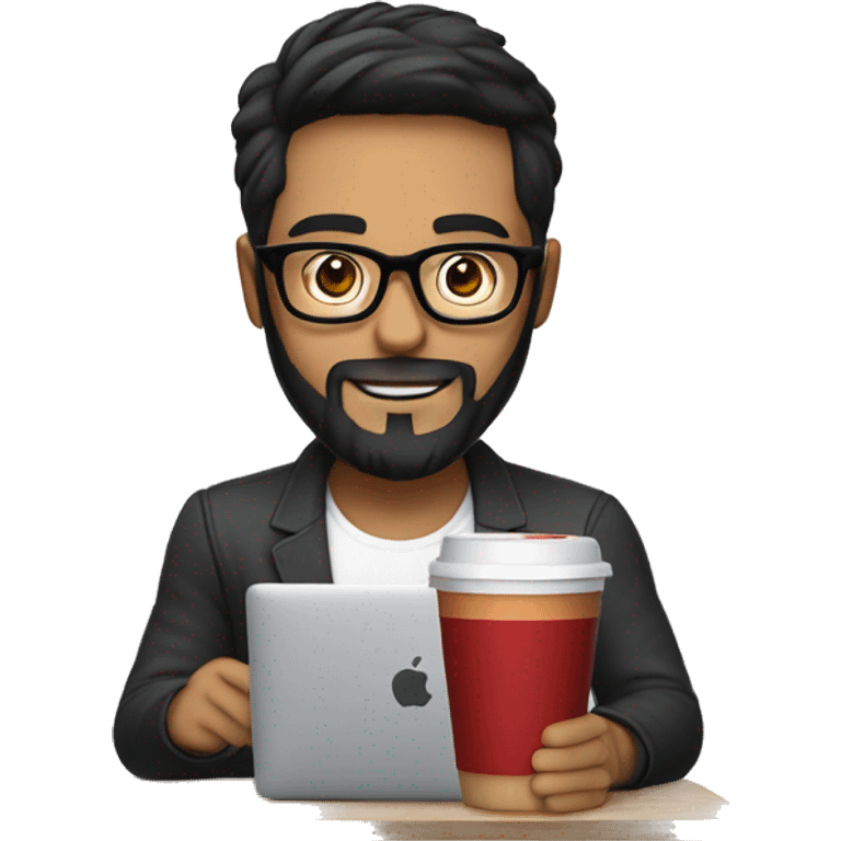 Designer with black hair, beard and glasses working with MacBook and drinking cappuccino ketchup bottle emoji