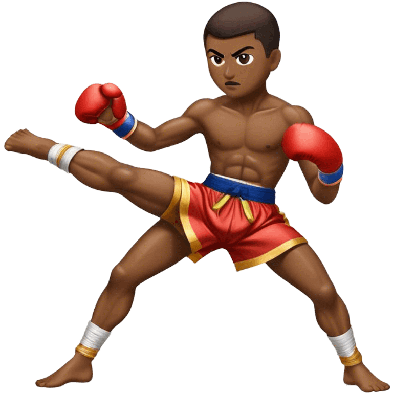 Cinematic Realistic Traditional Muay Thai Emoji, depicted as an intense dynamic martial arts scene featuring a fighter in traditional Muay Thai stance and attire, rendered with rich textures and energetic dramatic lighting that captures the sport's raw power. emoji