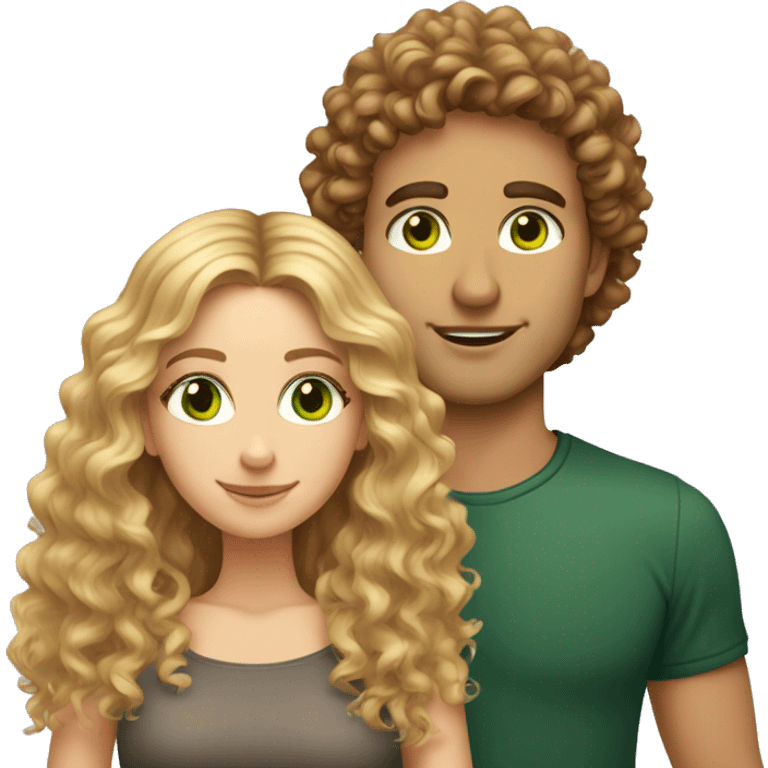 Couple. beautiful girl with auburn long curly hair and brown eyes. Handsome man with blonde curly hair and green eyes emoji