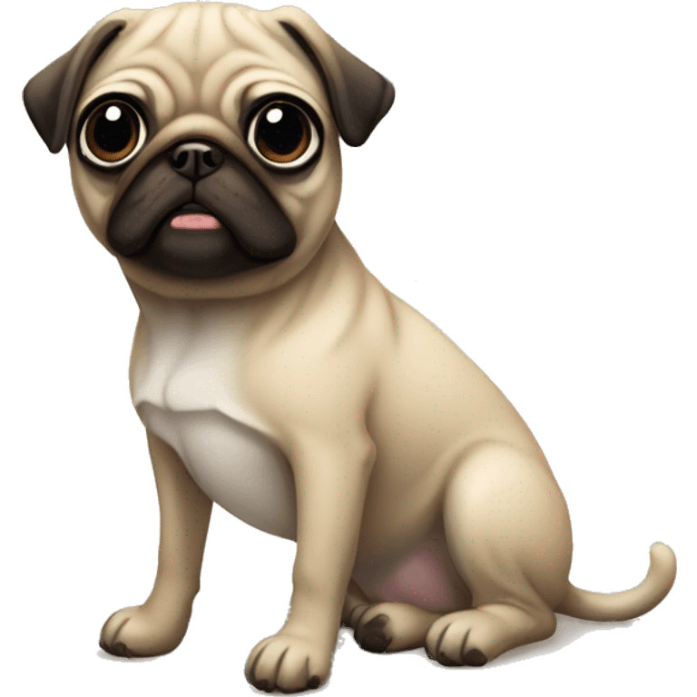 Tall slim pug with dark brown eyes sits on the floor  emoji