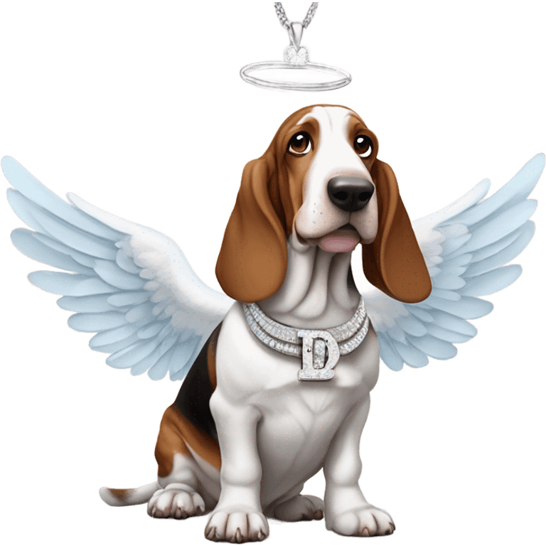 Elderly Basset hound with angel wings, wearing a large letter D bling necklace sat in a mead emoji