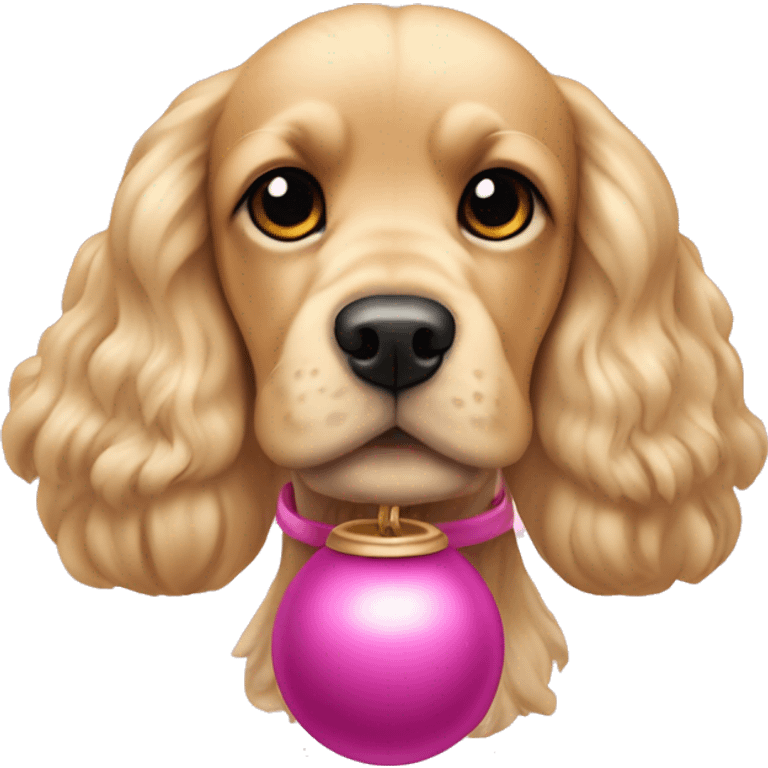 Blond cocker spaniel wearing a pink sleighbell emoji