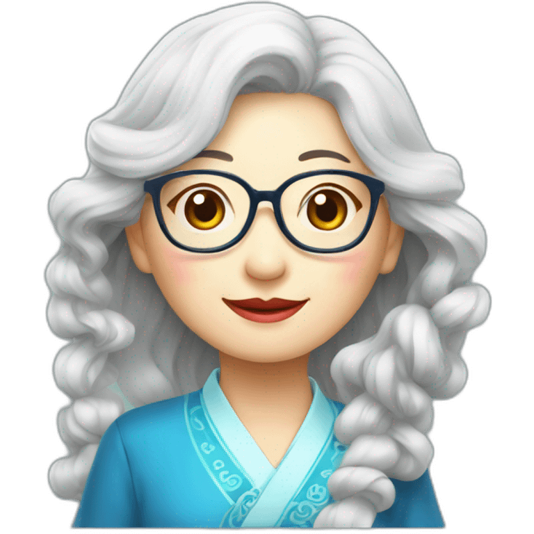 Chinese seniors lady wear glasses has wavy long hair wear Chinese traditional dress show appreciation sign emoji