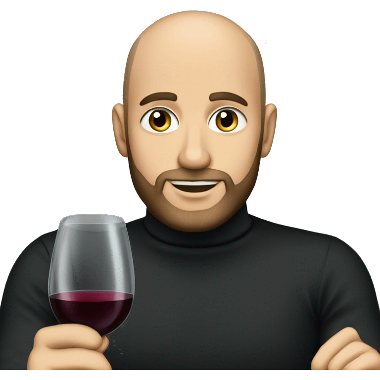 A handsome bald man with a short beard and blue eyes in a black turtleneck with a glass of wine emoji