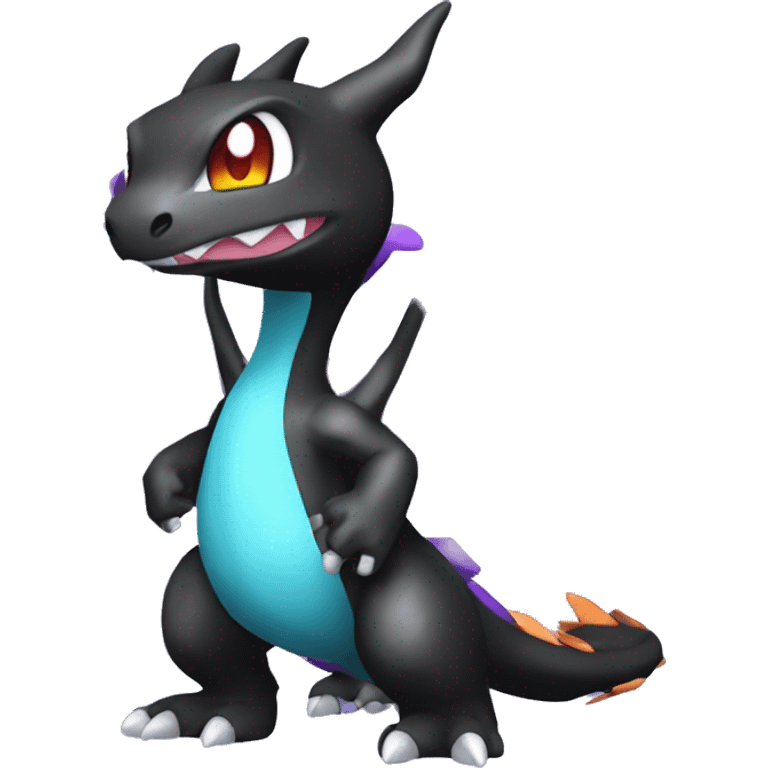 Black shiny chibi Mega-Charizard-X-Raptor-Fakémon with purple accents full body emoji