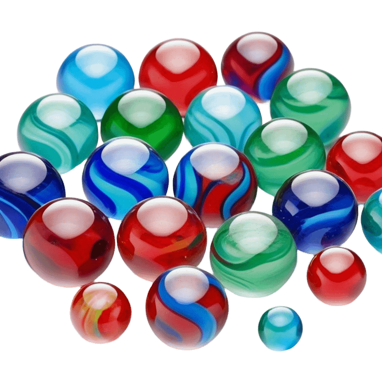 "A close-up view of colorful glass marbles with intricate swirling patterns inside. The marbles are scattered on a smooth surface, reflecting light beautifully. Some are transparent, while others have vibrant colors like blue, green, and red. The scene has a soft, natural lighting that enhances the glossy texture of the marbles emoji