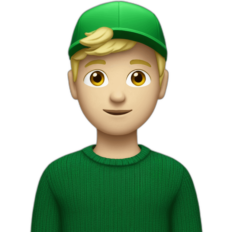 a boy with blond hair, a green sweater, black pants and black shoes and a green cap emoji