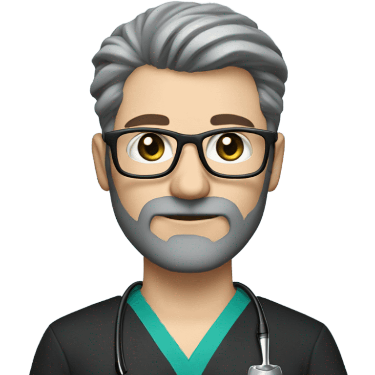 male dark blond with grey beard doctor with blue-green eyes and wire glasses in black scrubs holding a paintbrush emoji