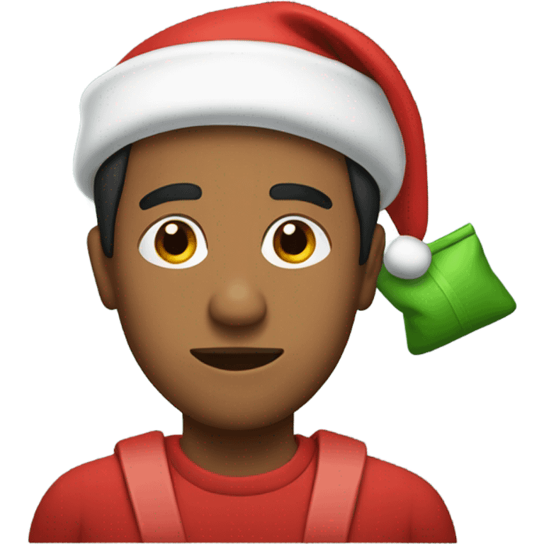 Brown man with a Santa hat and a green weaved sac emoji