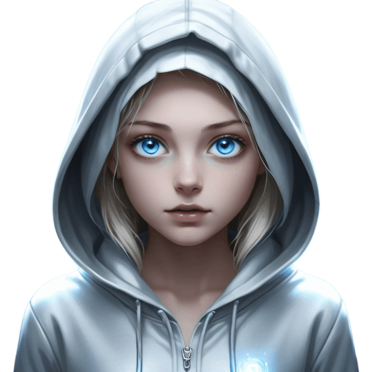 Cinematic girl with large sparkling blue eyes wearing a hoodie, Ultra realistic 32k HD, Breathtaking piece of art, rim lighting, hauntingly beautiful art, mostly greyscale, Balanced features, highly detailed digital artwork, glowing with silver light, glowing, high shine, deviant adoptable, highly detailed clothing, remembrance, a painting of white silver, fanciful, enchanting, ghostly, embodying the essence of both reality and fantasy, dreamy, dreamy glow, optical illusion, immaculate composition, complex pose, air composition. The image is so lifelike that it feels as though it could leap off the canvas at any moment emoji