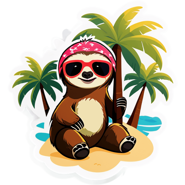 A sloth on a beach with sunglasses and palm trees emoji