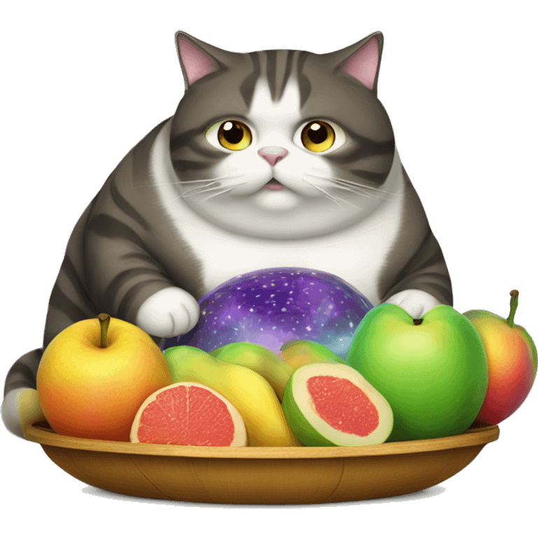 Fat Cat eating a iridescent fruit tray emoji