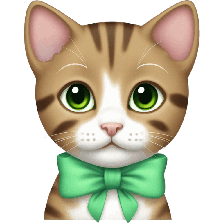 kawaii brown tabby kitten with green eyes and pastel green bow on ear emoji