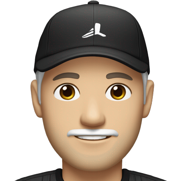 An adult white skin portrait of male with stubble and a slightly gray beard, brown hair, black eyes, wearing a black Reebok cap with a round emblem on his head, and a black sweater with three white stripes on the sleeves underneath. emoji