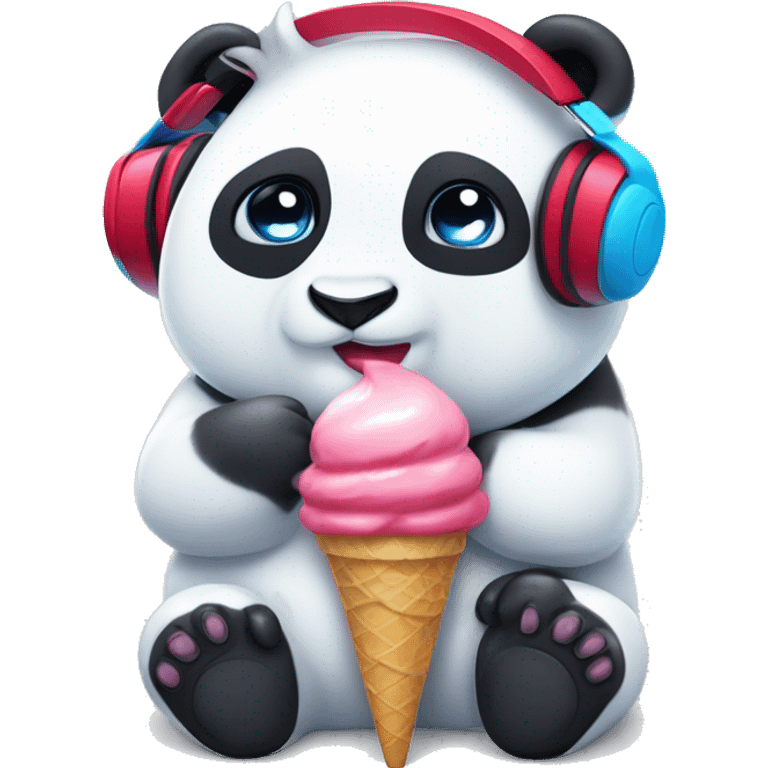 white panda, with red ears, with red, blue, pink headphones, with one button eye, and an ice cream splater on the headphones. emoji