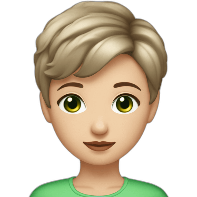 belarussian LGBTQA+ girl wirh very short brown picksy haircut piercing in nose and green eyes in blouse emoji