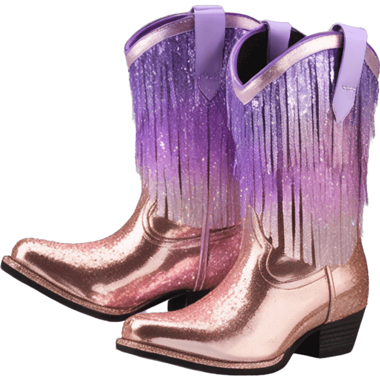 Realistic rose gold and lavender ombre pair of fashion cowgirl boots with sparkly shiny glitter fringe on them. emoji