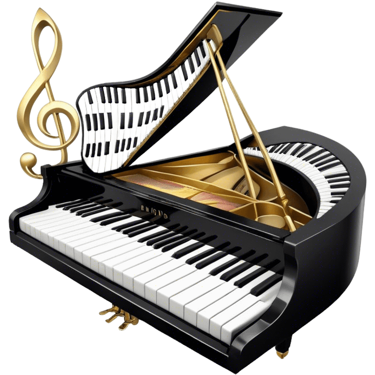 Create an elegant and festive emoji collage representing keyboard instruments, styled like a heraldic emblem. The design should feature a central focal point of black and white piano keys, arranged in a semi-circular or shield-like shape. Around the piano keys, add intertwining musical notes that form flowing ribbons, creating a dynamic and celebratory atmosphere. The design should be professional, with polished silver and gold accents on the keys and notes, highlighting the luxury and sophistication of the instruments. Add subtle shading and lighting effects to give the design a refined, 3D appearance. The background should remain transparent, and the overall feel should evoke grandeur, artistry, and a sense of celebration. emoji