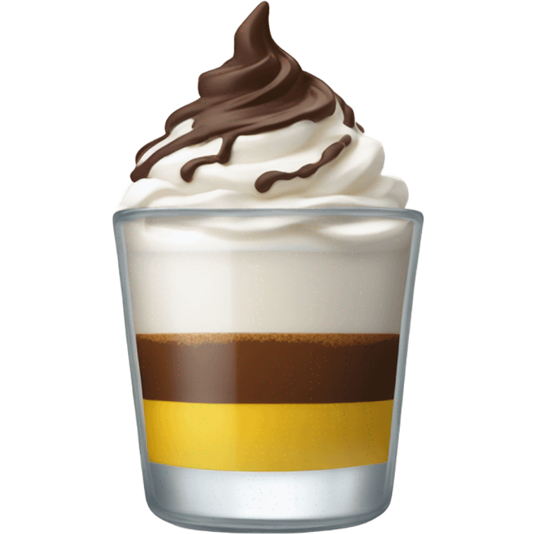 Shot glass, the liquid inside is divided in two, yellow at the bottom and coffee on top covered whit a nice spry cream and chocolate powder emoji