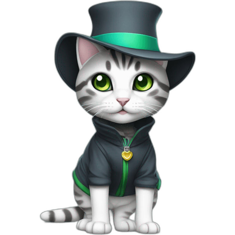 wearing a hat cuddly light white and grey domestic shorthair tabby with green and blue eyes black pupils, walking and playing wearing a cute costume female emoji