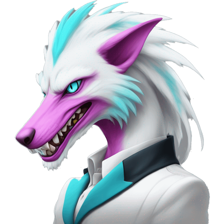 White elegant beautiful natural cute badass epic anthro modern albino sergal-vernid-Fakémon with cyan mane and magenta eyes with cyan edgy stripes, anthropomorphic, two-legged, digitigrade, full body emoji