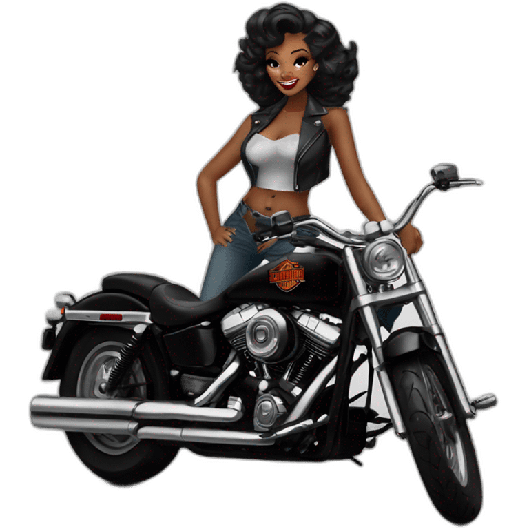 Wednesday pin up sobre moto Harley Davidson negra emoji