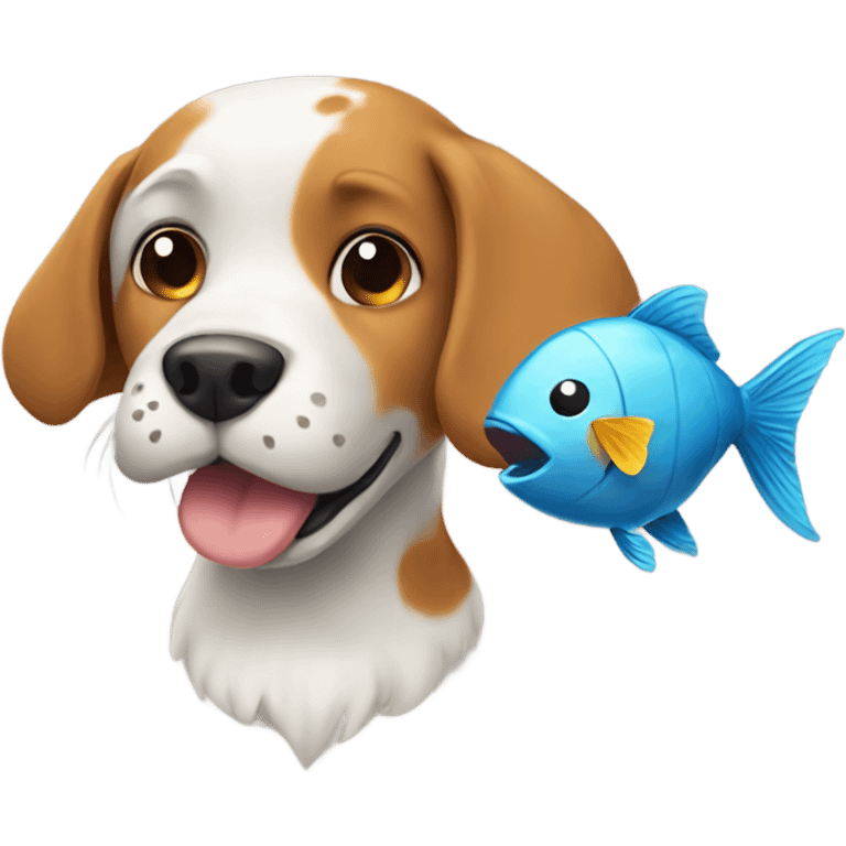 a dog with a fish and a heart emoji