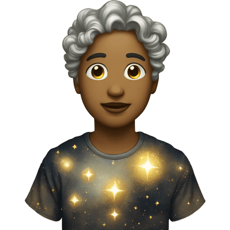 Person wearing t shirt filled with vintage detailed baroque sparkling swirls golden stars galaxies celestial emoji