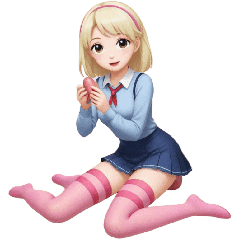 Anime girl in thigh-high stockings, kneeling on the floor while reaching for a pink sausage. Her pose is cute and slightly playful, with a soft and charming expression. She wears a casual yet stylish outfit, and the scene has smooth shading with a warm and inviting atmosphere. emoji