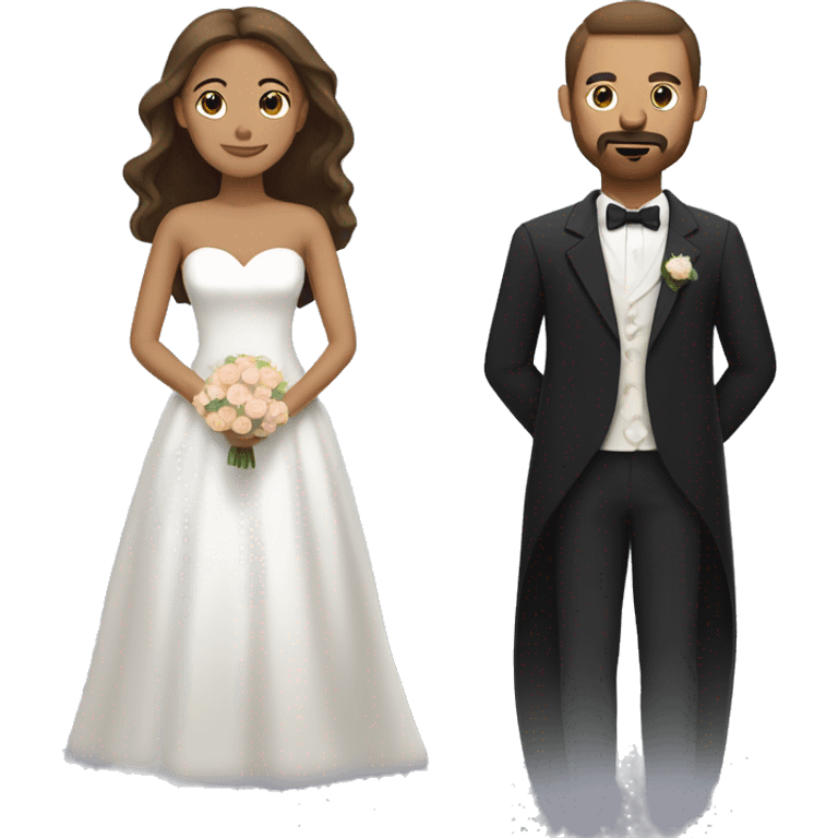 Wedding couple with woman with tan skin, black shoulder length and white man with brown hair, beard moustache emoji