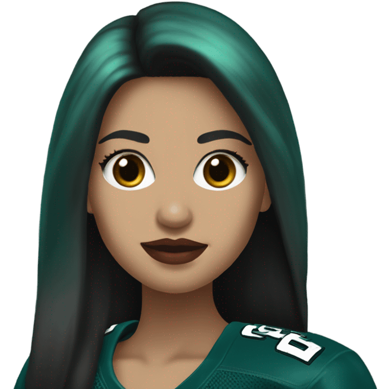 White female long dark hair red lips wearing Philadelphia Eagles jersey emoji