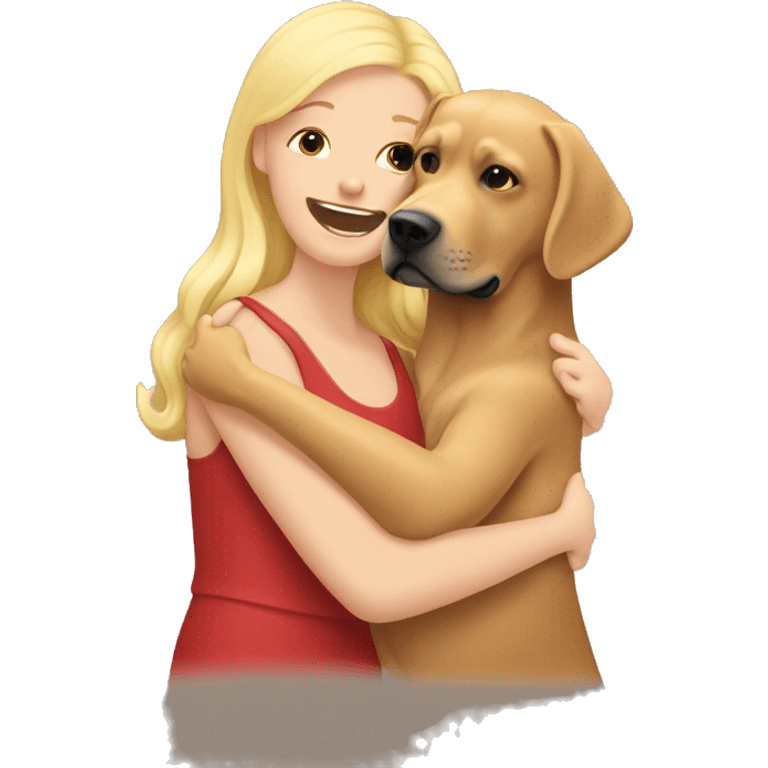 Red Labrador giving a blonde lady a hug  emoji