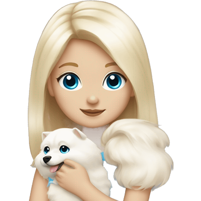 Blond girl white skin blue eyes hugging white Pomeranian with light pink bow emoji