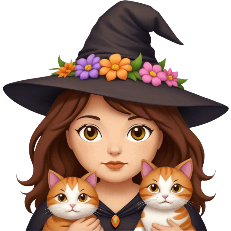 fat but cute witch with bold cat brown hair, also put flowers on her hat emoji