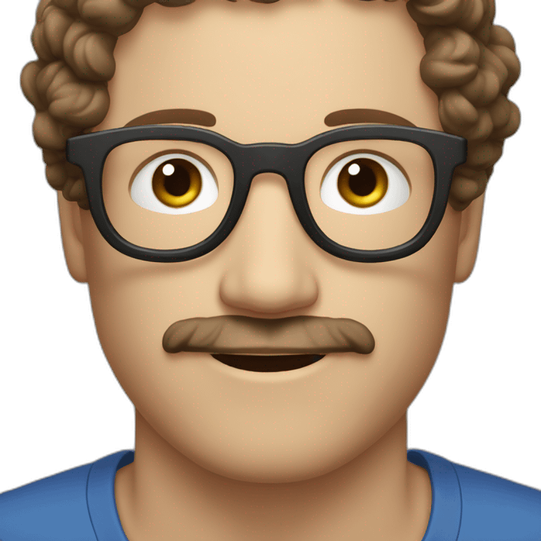 white man with short curly dark brown hair, blue small eyes, round eyeglasses and a brown mustache emoji