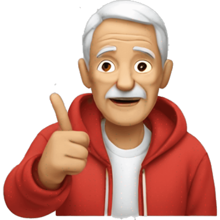 Old man in red hoodie doing the peace sign emoji